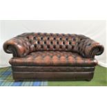 CHESTERFIELD SOFA in brown leather with a button back, arms and seat, with decorative stud detail,