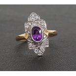 ART DECO STYLE AMETHYST AND DIAMOND PLAQUE RING the central oval cut amethyst in shaped surround set