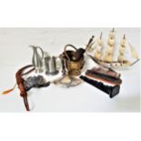 MIXED LOT OF COLLECTABLES including a horn three mast ship, soapstone turtle and manta ray, resin