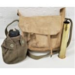 BRITISH ARMY CANVAS FIELD BAG with shoulder strap, an aluminium water bottle and mess tin in a