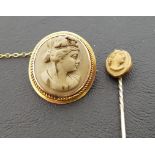 LAVA CAMEO BROOCH depicting female bust in profile, in unmarked gold mount with safety chain, 2.