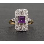 ART DECO STYLE AMETHYST AND DIAMOND PLAQUE RING the central square cut amethyst in multi diamonds
