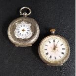 TWO CONTINENTAL SILVER FOB WATCHES one of unusual half hunter style with shield shaped shaped