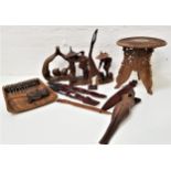 SELECTION OF CARVED WOOD ITEMS including a Zimbabwean Mbira, low stool with a folding stand, two