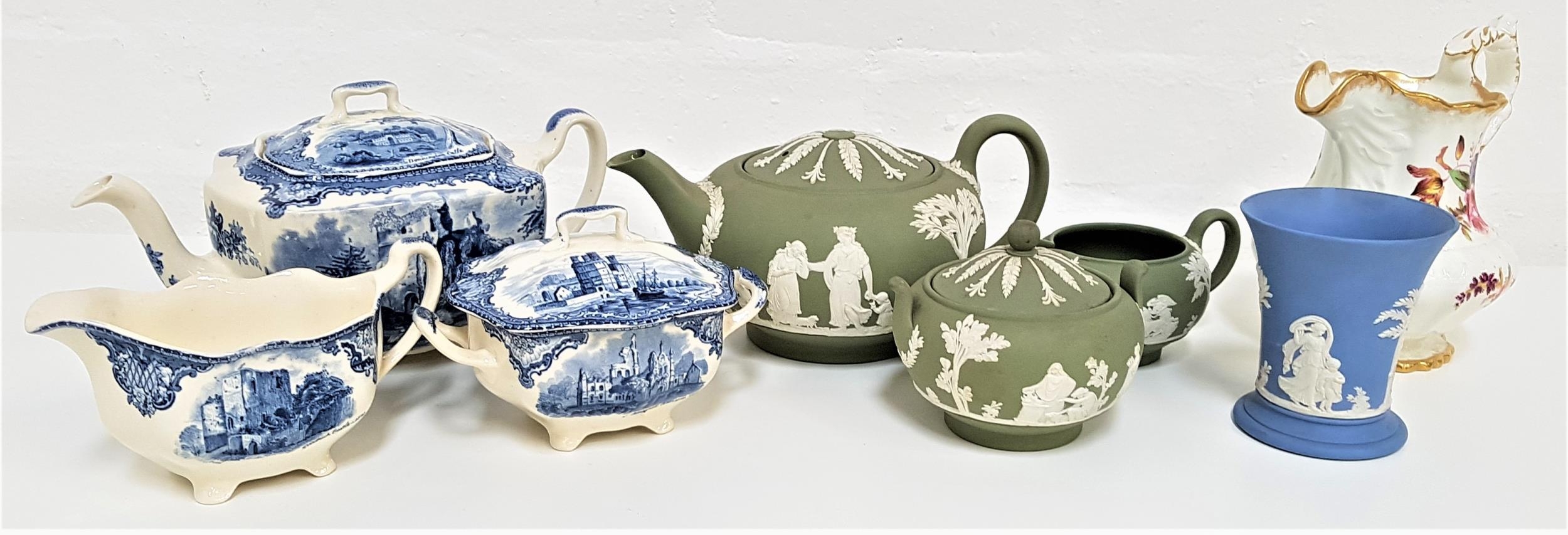 SELECTION OF WEDGWOOD GREEN JASPERWARE including a teapot lacking finial to the lid, lidded sugar
