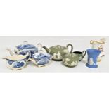 SELECTION OF WEDGWOOD GREEN JASPERWARE including a teapot lacking finial to the lid, lidded sugar