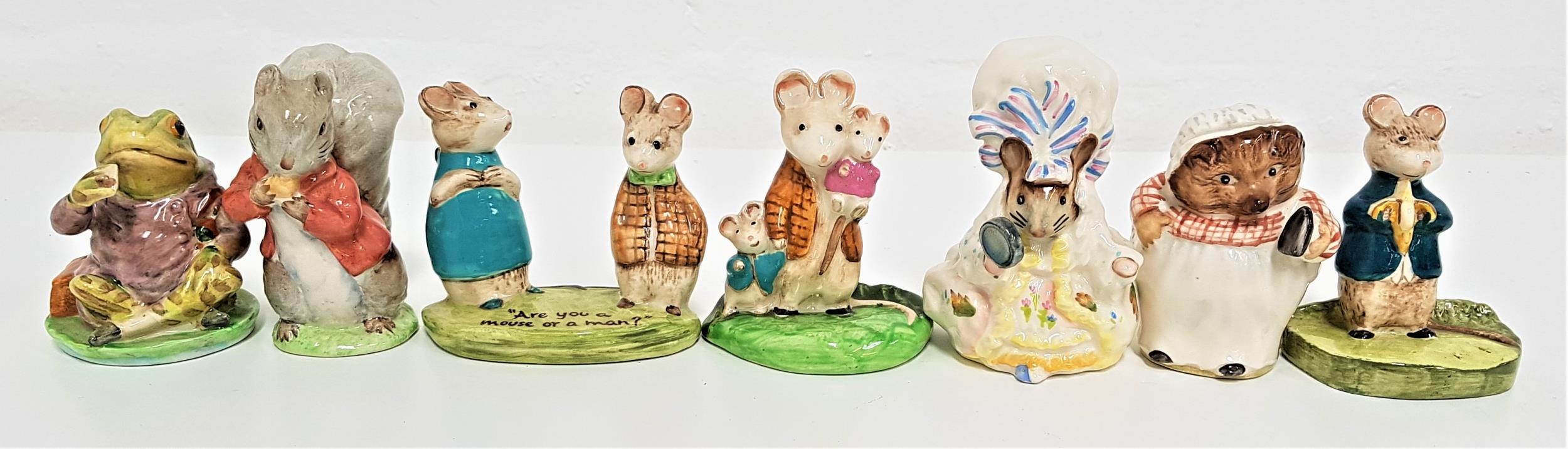 FOUR BESWICK BEATRIX POTTER FIGURINES comprising Mrs. Tiggy Winkle, 8cm high, Lady Mouse, 9.8cm