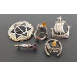 FIVE SILVER BROOCHES comprising a Scottish brooch in the form of a Viking ship, hallmarks for