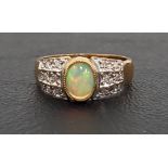 OPAL AND DIAMOND CLUSTER RING the central oval cabochon opal flanked by diamond set shoulders, on