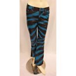 CARMEN ELECTRA - 'ROBERTO CAVALLI' BLUE TIGER PRINT TROUSERS with sequined detail, size XS.