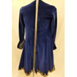 SCOTTISH BALLET - BACH the three piece navy velvet suit comprising a frock coat with gold and blue