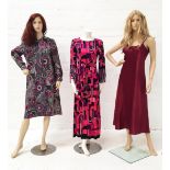 TWO VINTAGE 1970s DRESSES one by DL Barron London in bright pink, purple, black and white