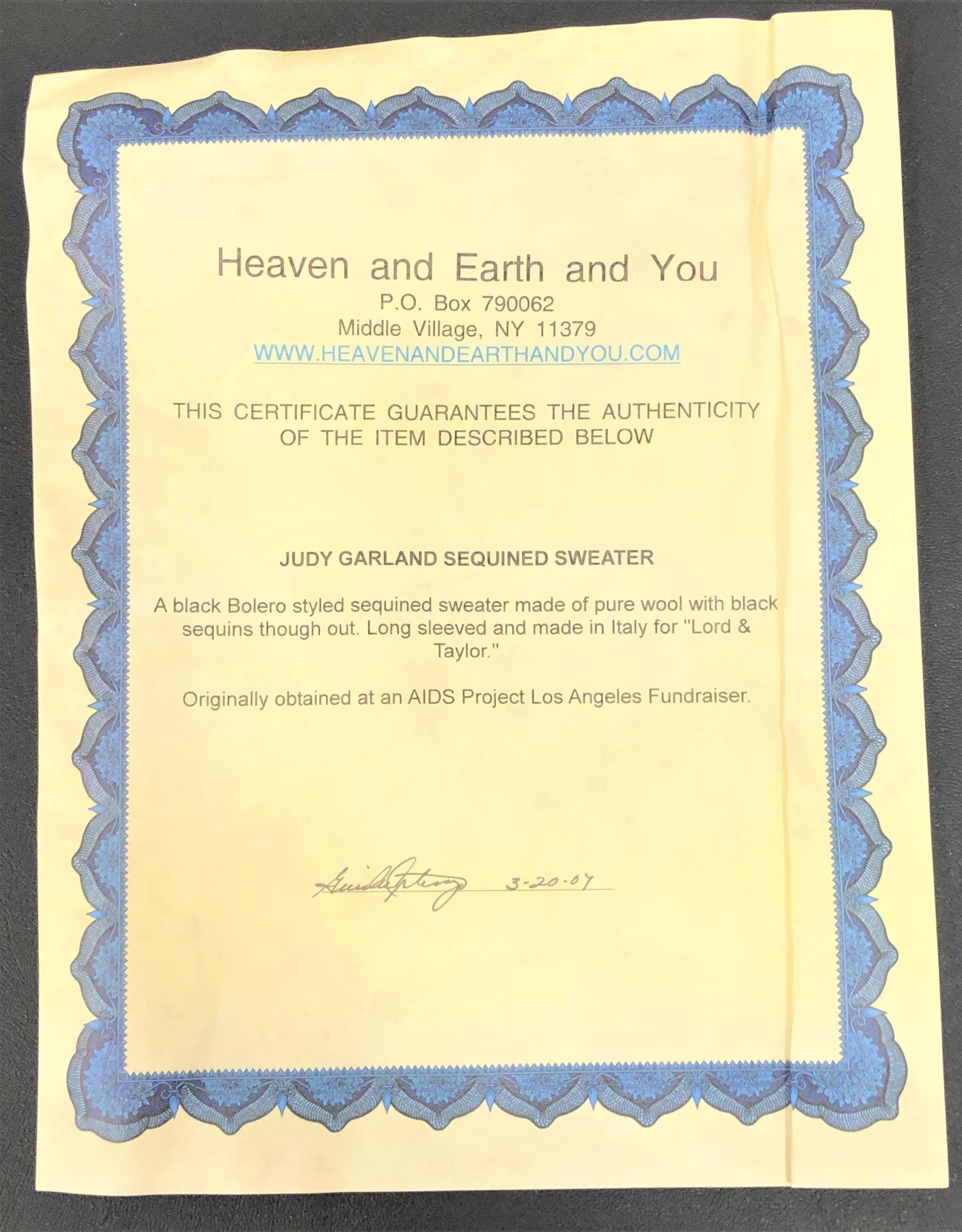 JUDY GARLAND OWNED SEQUINED BOLERO CARDIGAN accompanied by Heaven and Earth and You certificate of - Image 3 of 4