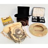 MIXED LOT OF COLLECTABLES including a circular leather collar box, Will's tobacco Ramblers Note