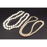 GRADUATED PEARL NECKLACE with marcasite set silver clasp, 41.2cm long; together with another