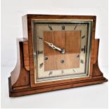 1930s WALNUT CASED MANTLE CLOCK with a Westminster chime and a silvered square dial with Roman