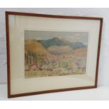 GEORGE GOULD Les Vans, Ardeche, watercolour and pen, signed and dated 1948 with label to verso, 36cm