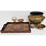 CARVED TEAK TRAY with a shaped border and inset bone, 47.5cm long, together with four brass and