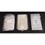 TWO SILVER CARD CASES AND AN ENAMEL DECORATED SILVER CIGARETTE CASE both card cases with engraved