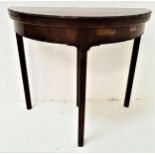 MAHOGANY D SHAPED CARD TABLE with a baize lined fold over top, standing on plain supports, 84cm wide