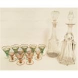 MIXED LOT OF GLASSWARE including two conical decanters with stoppers, set of six conical liqueur