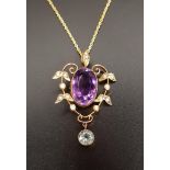 EDWARDIAN AMETHYST, AQUAMARINE AND SEED PEARL HOLBEIN PENDANT the large central amethyst measuring