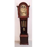 BILLI B MAHOGANY GRANDMOTHER CLOCK the arched hood with a pair of brass finials, the arched brass