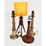 RETRO TEAK TABLE LAMP raised on a tripod base with a plastic orange shade with raised dimple