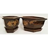 PAIR OF CHINESE TERRACOTTA PLANTERS of lozenge shape, the olive green bodies decorated with birds