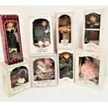 SIX PORCELAIN DOLLS on stands, Lynsey & Annabelle Leonardo dolls with labels, the others lacking