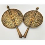 PAIR OF INDO PERSIAN BRASS PROCESSIONAL ALAMS or staff finials, of circular form with embossed