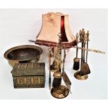 MIXED LOT OF BRASSWARE including a companion set, an embossed bowl raised on three claw and ball