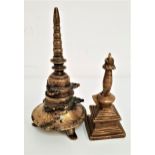 TIBETAN BRASS INCENSE BURNER in two sections and modelled as a shrine, 19.5cm high, together with
