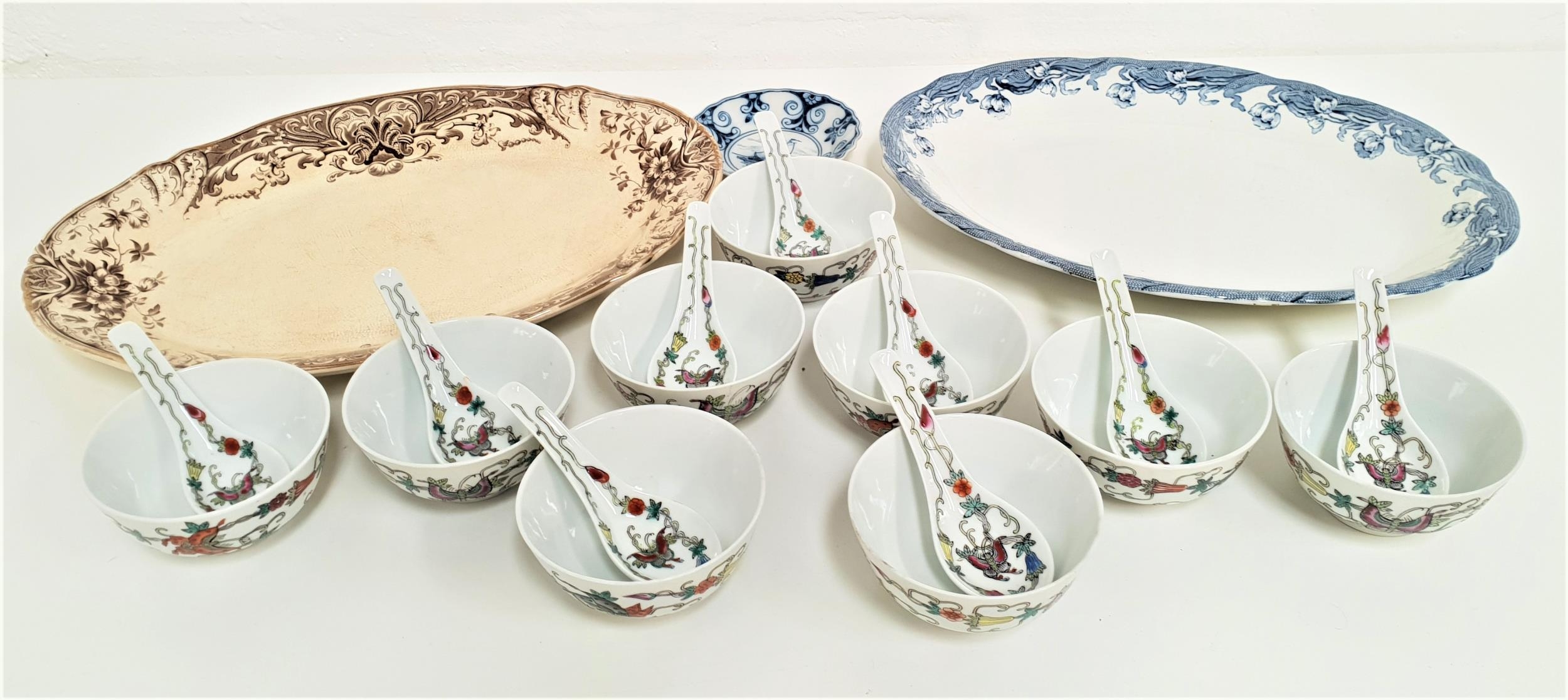 MIXED LOT OF CERAMICS including nine Chinese rice bowls and spoons with floral decoration, two