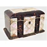 MID 19TH CENTURY SERPENTINE TORTOISE SHELL TEA CADDY the hinged lid inlaid with a panel of mother of