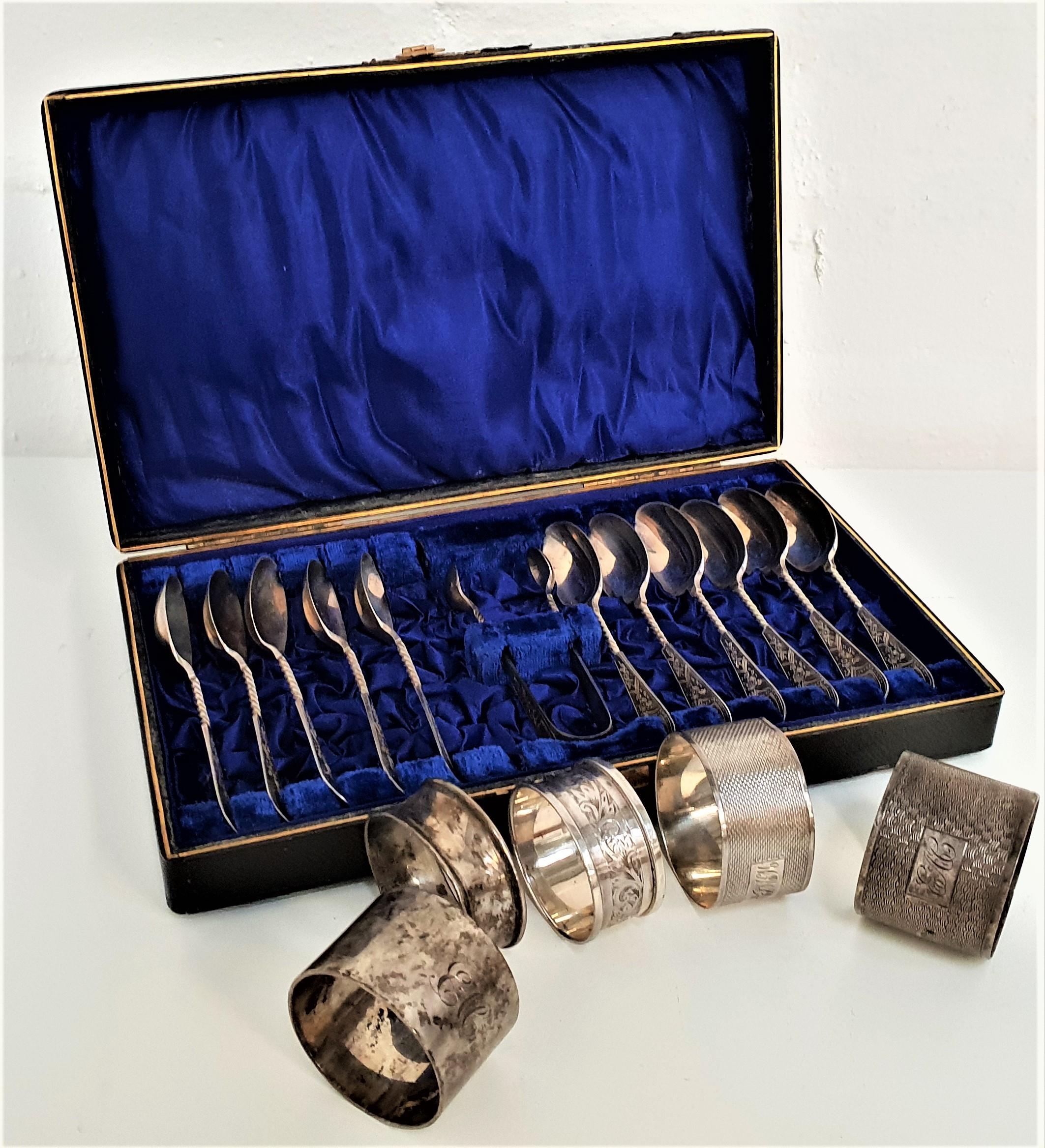MIXED LOT OF SILVER including a cased set of eleven Edward VII tea spoons and a pair of sugar