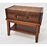 UNUSUAL SIDE TABLE formed as a rattan suitcase with side carrying handles and a pull out drawer on a
