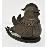 CHINESE BRASS INCENSE BURNER in the form of a Mandarin duck, with a hinged head and detailed feather