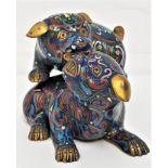 CHINESE CLOISONNE INCENSE BURNER in the form of two dogs of Foo, one biting the ear of the other,