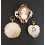 SHELL CAMEO BROOCH in pinchbeck scroll decorated mount; together with two gold plate mounted