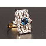 ART DECO STYLE BLUE TOPAZ AND DIAMOND RING the central round cut blue topaz approximately 1ct in