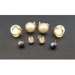 THREE PAIRS OF NINE CARAT GOLD EARRINGS comprising a pair of domed stud earrings with brushed