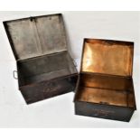 TW VINTAGE SOLICITORS METAL DEED BOXES one with a makers stamp to the lid, 'Andrew Brown Glasgow',