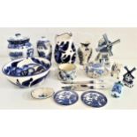 LARGE SELECTION OF BLUE AND WHITE CHINA including a cow creamer, coffee pot, lidded jar, clog ash