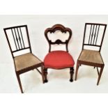 PAIR OF EDWARDIAN AND INLAID SIDE CHAIRS with decorative spindle backs above stuffover seats,