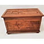 EAST ASIAN TEAK CHEST with carved panels overall, the lift up lid revealing a sliding tray, with