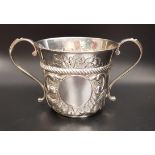 VICTORIAN SILVER PORRINGER with embossed decoration, London Britannia standard hallmark with lions
