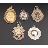 FIVE SILVER MEDAL FOBS with military and sporting inscriptions, comprising one engraved 'Usher