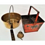 MIXED LOT OF METALWARE including a brass preserve pan with a fixed handle, brass hanging door