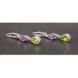 PAIR OF AMETHYST AND PERIDOT DROP EARRINGS each set with a marquise amethyst above a pear cut